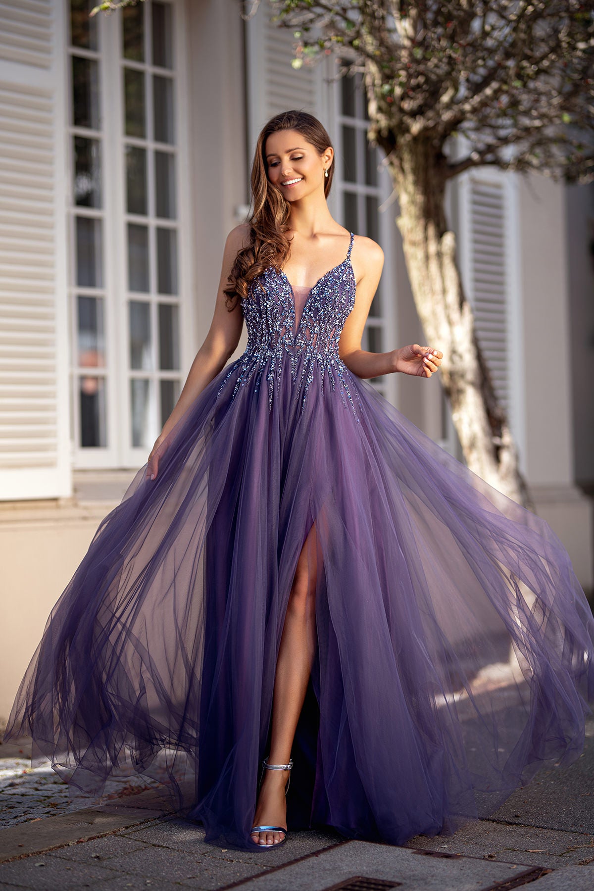 Long purple cheap prom dress